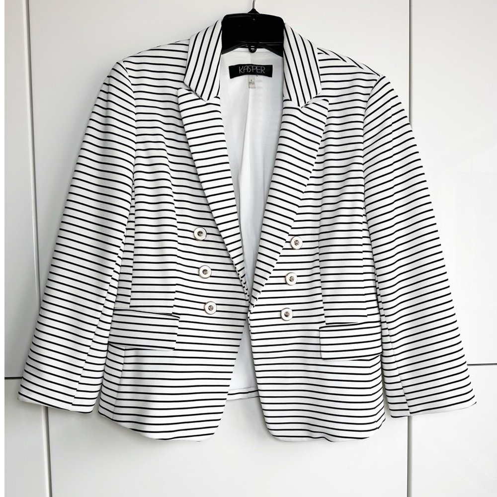 Kasper White Black Stripe Sailor Blazer Size 6 Gold Buttons Suit Jacket Office